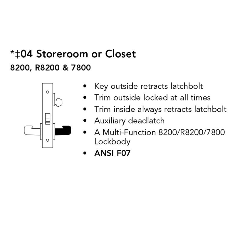 Sargent 70-8204 LNL Storeroom or Closet Mortise Lock, SFIC Prep, Less Core, L Lever, LN Rose, Satin Chrome